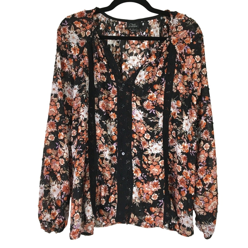 Oak & Trellis XL Dark Floral‎ Sheer Crochet Lace Trim Button Front Blouse Top